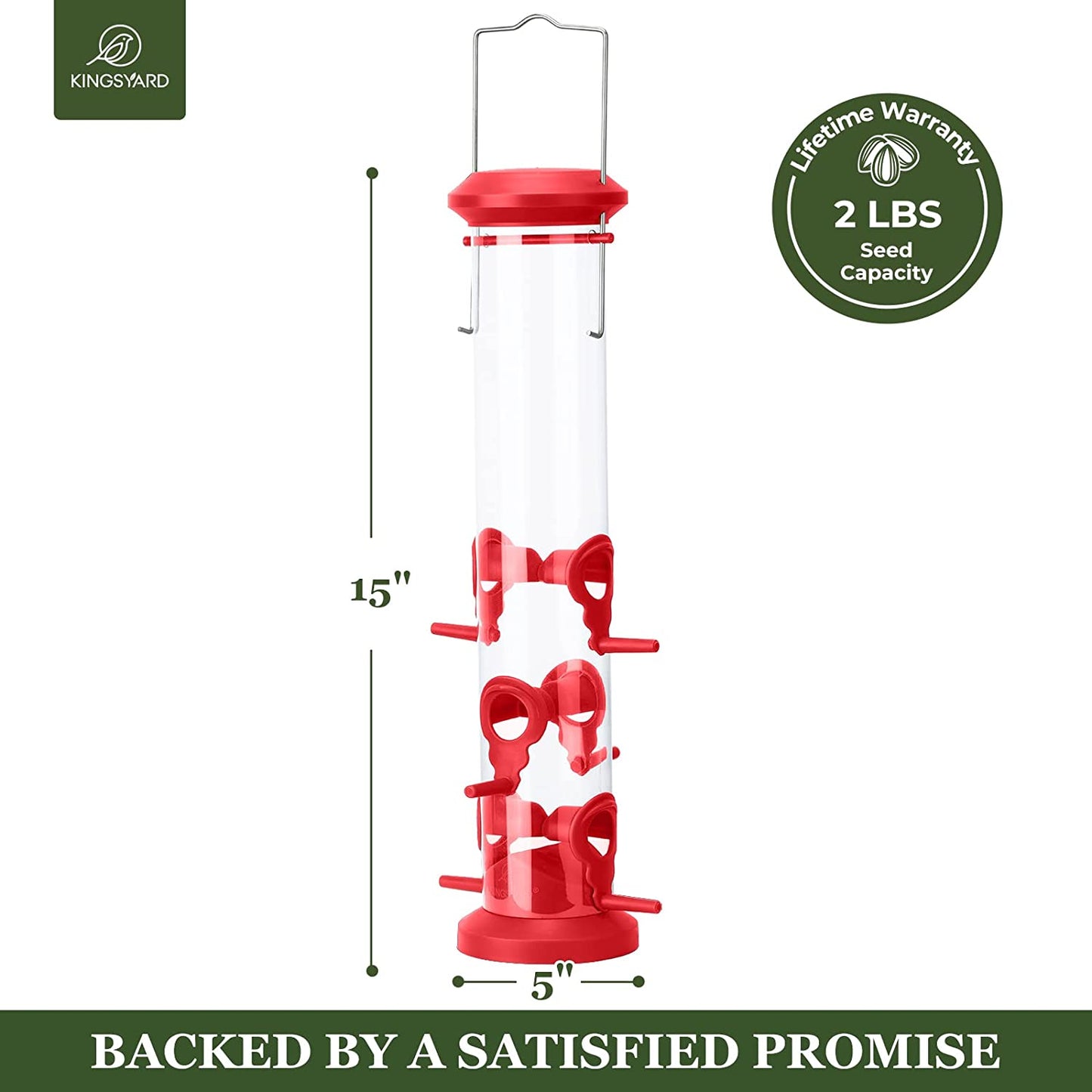 2 Pack Tube Bird Feeders Hanging, Premium Hard Plastic w/ 6 Feeding Ports, Weatherproof & Steel Hanger, (Red)