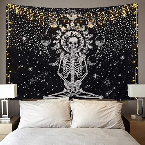 Skull Tapestry Meditation Skeleton , Chakra, Starry Black and White Stars