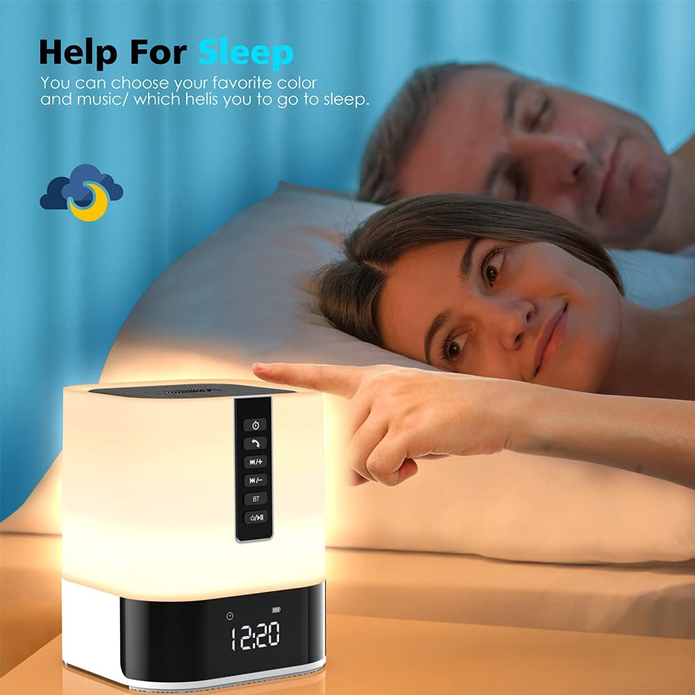 Night Light Bluetooth Speaker, 5 in 1 Touch Control Bedside Lamp Dimmable Multi-Color Changing w/ Alarm Clock