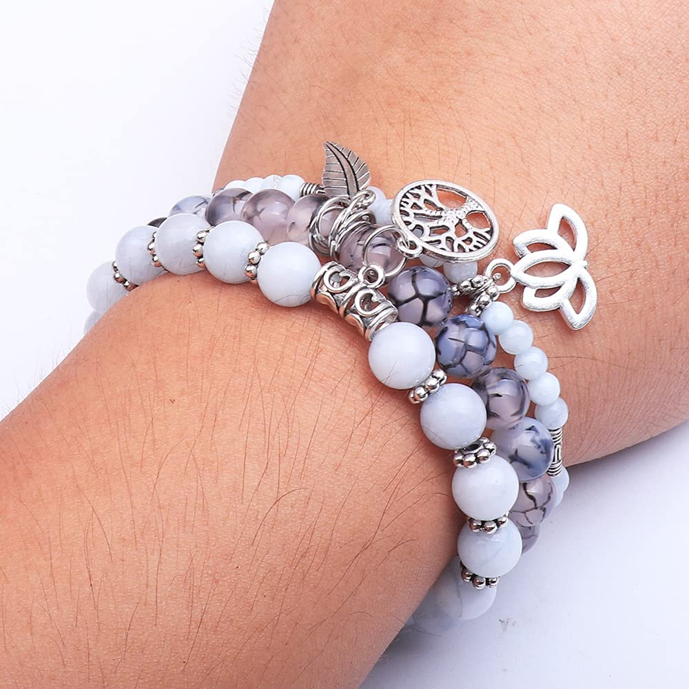 Tree of Life Yoga Healing Stone Bracelets, Multilayer Lotus Chakra, Aquamarine Dragon Pattern