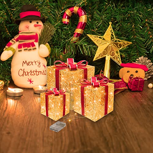 Christmas Lighted Gift Boxes, BOIROS 60 LED Light Up Christmas Packages Set of 3 Metal Present Box Decoration 2