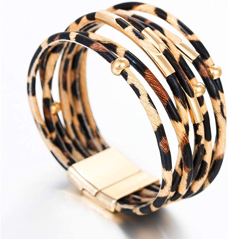 Leather Wrap Bracelets for Women, Boho Leopard Multi-Layer Crystal Beads Cuff, A1 Brown Leopard