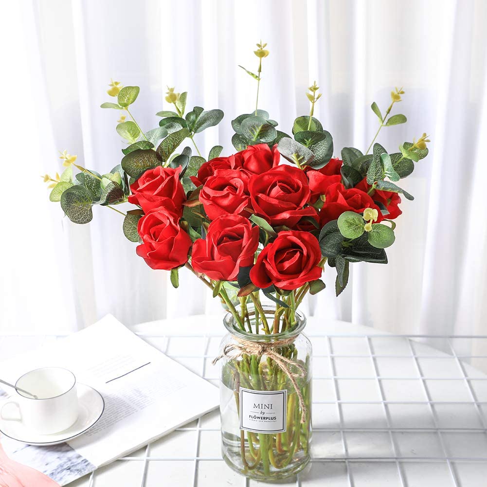 Artificial Red Flowers Silk Roses Fake Bridal for Wedding Bouquet 10 Pcs (Rose Bud-Red)