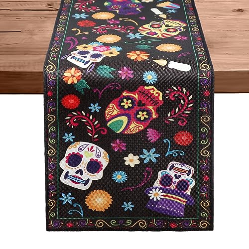 Halloween Table Runner Day of Dead Halloween Decor Indoor Skeleton Flowers Candles Halloween