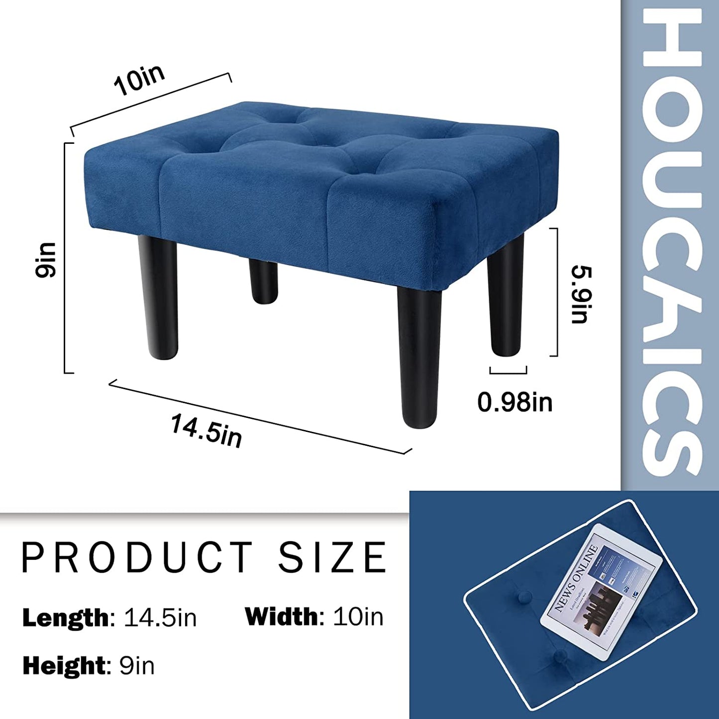 Small Footstool Ottoman, Velvet Wooden Legs Sofa Footrest Extra Seating for Living Room (Blue 1PACK)