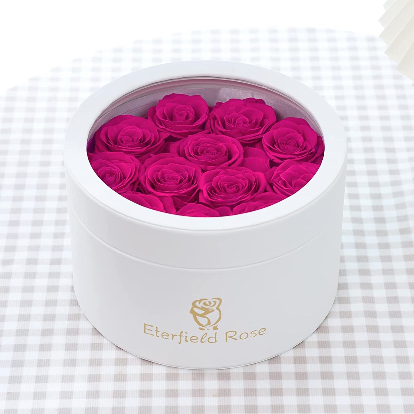 Eternal Rose in a Box Real Rose Without Fragrance Gift for Her (12 Hot Pink Roses, Round White PU Leather Box)