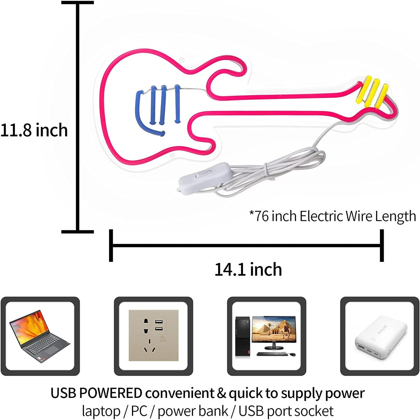 Guitar Neon Sign Light, On/Off-Switch for Wall Decor, LED Light Sign for Bedroom Decoration, Easily-Install w/ Hooks, Chain, Adaptor (14"x6")