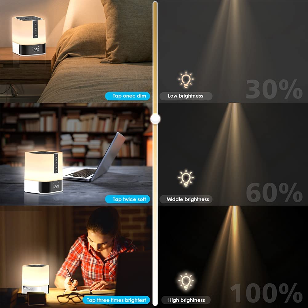 Night Light Bluetooth Speaker, 5 in 1 Touch Control Bedside Lamp Dimmable Multi-Color Changing w/ Alarm Clock