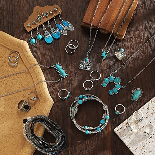 47 PCS Silver Bohemian Jewelry Set With 4pcs Turquoise Necklace,12 pairs Dangle Earrings, 11pcs Stackable Bangle Bracelets, 20pcs Knuckle Rings For Women Girls Vintage Western Boho Turquoise Anniversary Birthday Friendship Gift