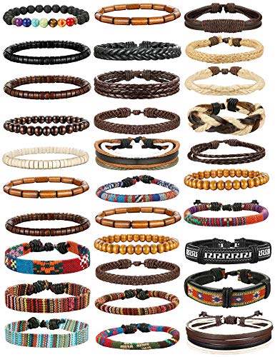 31 Pcs Braided Leather Bracelets for Men Women Wooden Beads