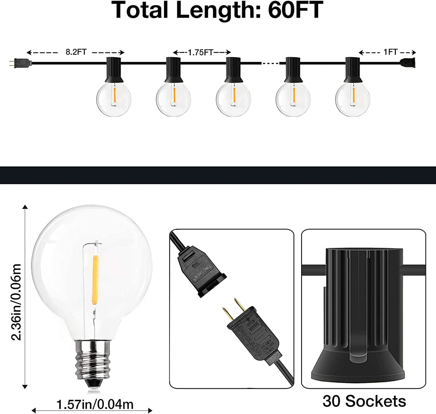 Outdoor String Lights, 60FT(50+10) Waterproof Patio Lights w/ 32 Dimmable Hanging Lights Globe G40 Bulbs