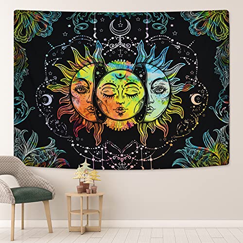 Psychedelic Sun and Moon Burning Sun Black Colorful Moon and Stars Tapestry ( 51.2 × 59.1 inches)