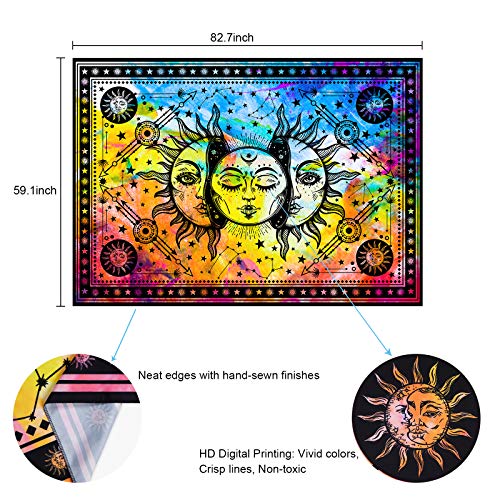 Psychedelic Burning Sun and Moon Colorful Starry Mystic Tapestry