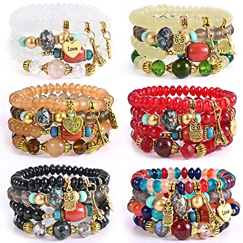 6 Sets Stackable Stretch Bracelets Multi-color Bohemian Bracelet Sets for Women