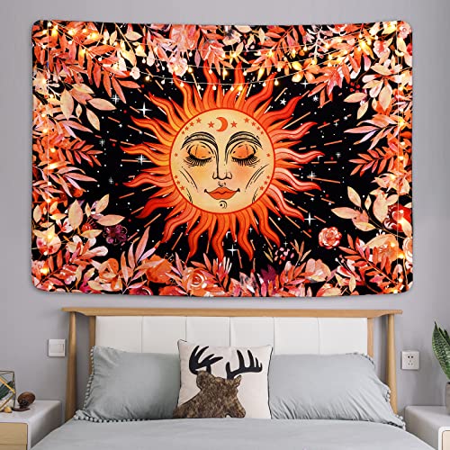 Psychedelic Burning Sun & Plant Leaves Mystical Moon Stars Colorful Mandala Tapestry