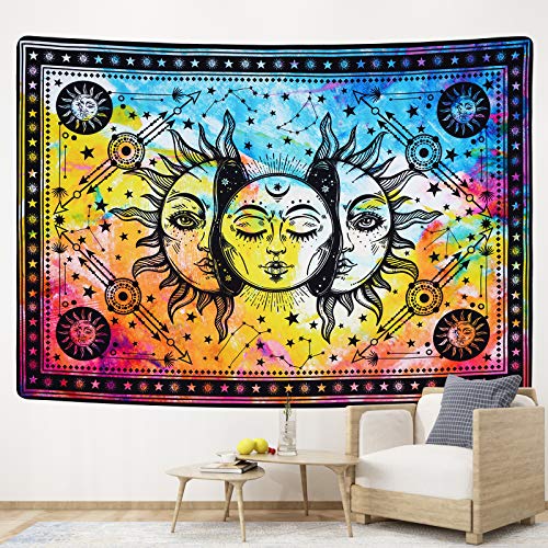 Psychedelic Burning Sun and Moon Colorful Starry Mystic Tapestry