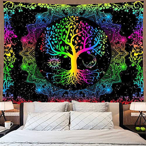 Psychedelic Tree of Life Mysterious Sun and Moon Mandala Colorful Hippie Boho Tapestry