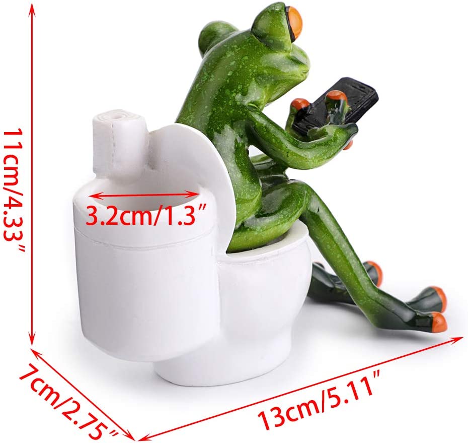 3D Craft Frog Figurine Statue Pencil Holder, Funny Green Frog Texting On Toilet  for Tabletop Decoration