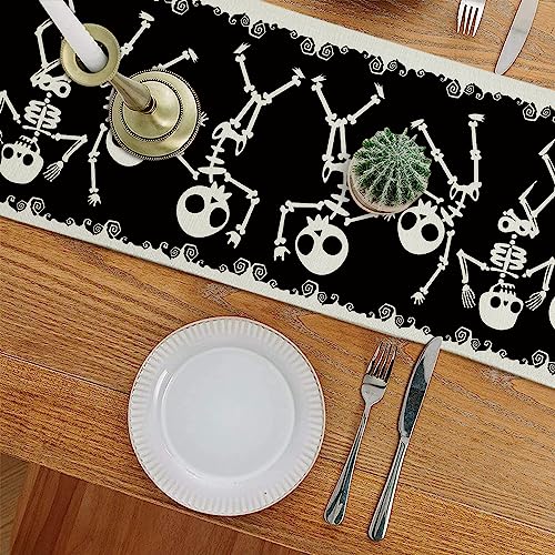 Halloween Table Runner Skeleton Dancing Funny Black Linen Seasonal Halloween