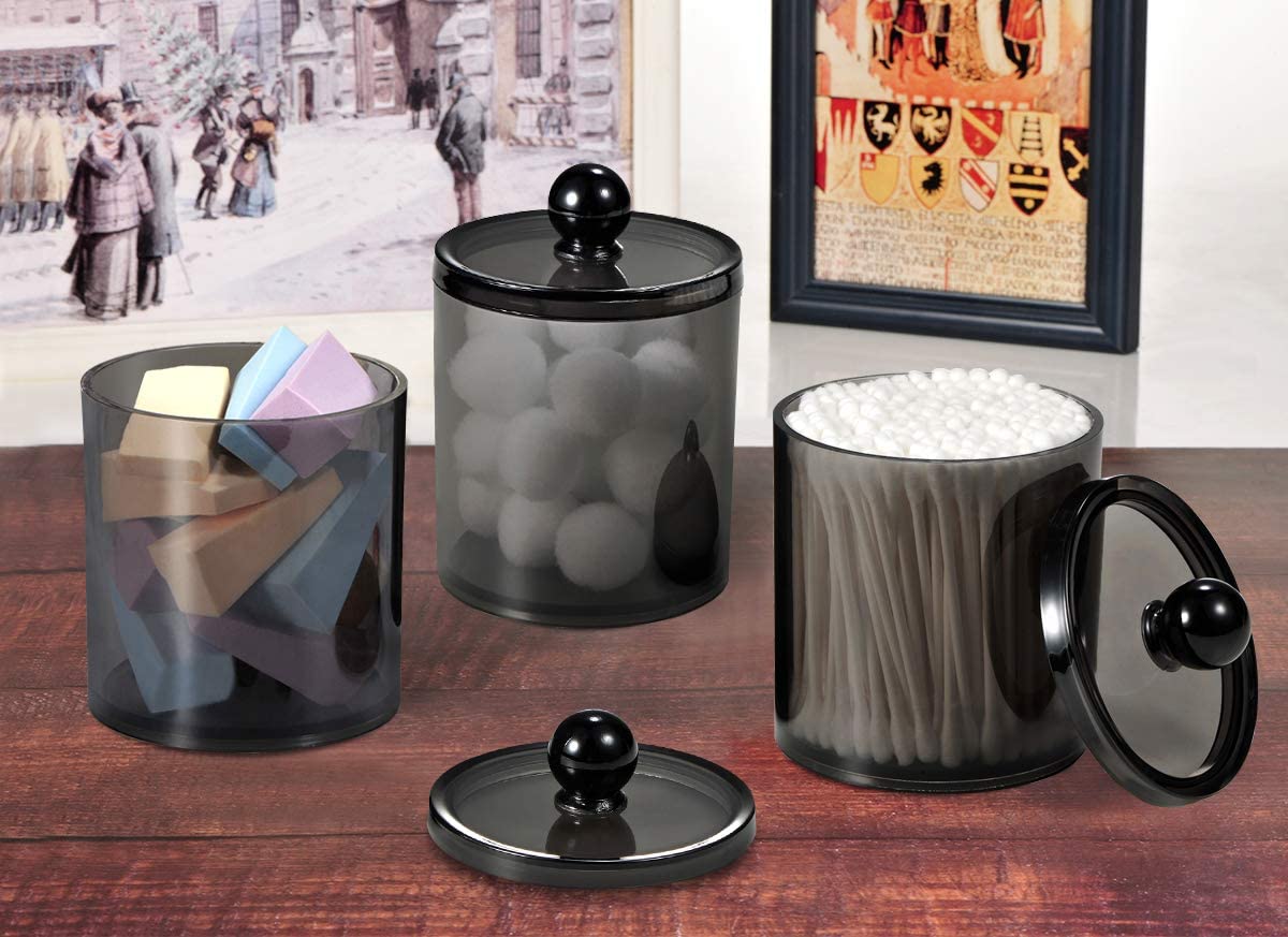 4 Pack Plastic Acrylic Bathroom Vanity Canister Jars w/ Storage Lid (Black, 15 Oz)