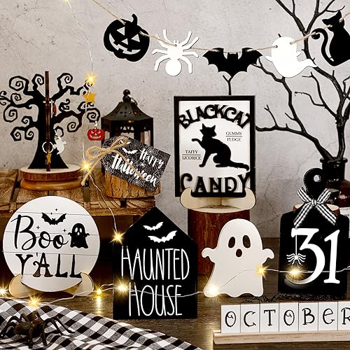 15 Pcs Halloween Tiered Tray  Set Cute  Wooden Signs Farmhouse Rustic