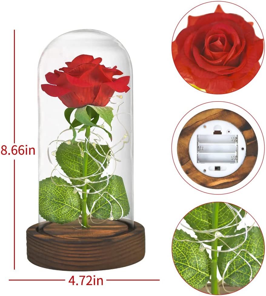 Preserved Rose Enchanted Red Silk Rose in Glass Dome w/ LED Lights Pine Base