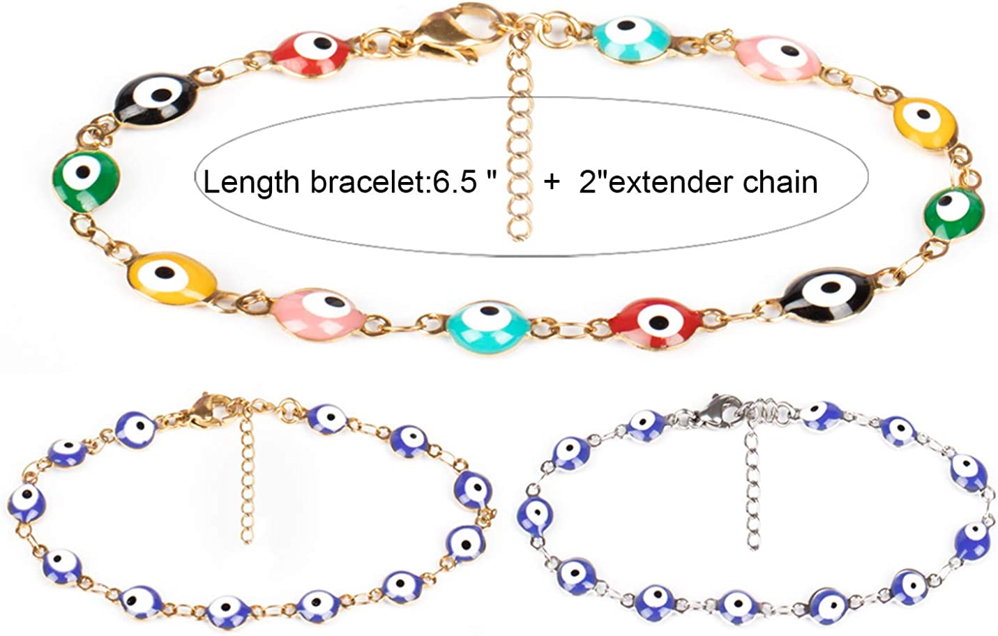 3 Pcs Evil Eye Bracelets for Women Men Girls 18K Gold Plated Stainless Steel Colorful