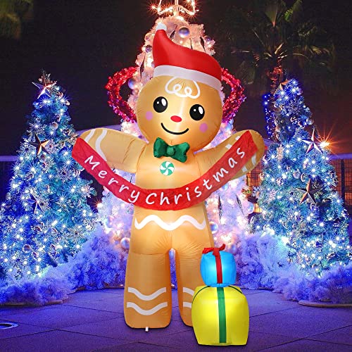 Christmas Inflatables Gingerbread Man with Gift Boxes, LED Inflatable Decoration for Outdoor Indoor Holiday