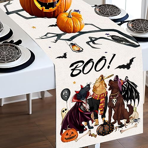 Pumpkins Cat Halloween Table Runner Trick Or Treat Kitchen Dining Table Decoration for Outdoor