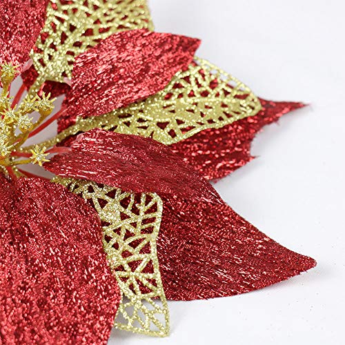 12Pcs Poinsettia Flowers Glitter Christmas Ornaments