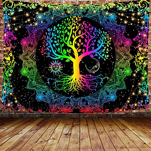 Psychedelic Tree of Life Mysterious Sun and Moon Mandala Colorful Hippie Boho Tapestry