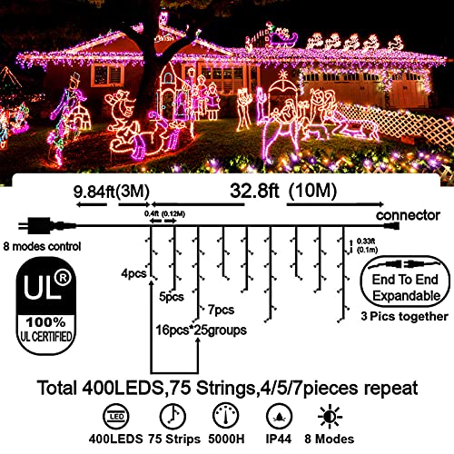 400 LED 32.8 FT 8 Modes 75 Drops Fairy String Curtain Lights for Christmas Decor