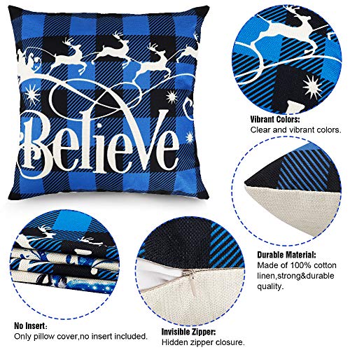 Set of 4 Christmas Decorations Black and Blue Buffalo Plaid Winter Holiday Cushion  Cover 18x18.