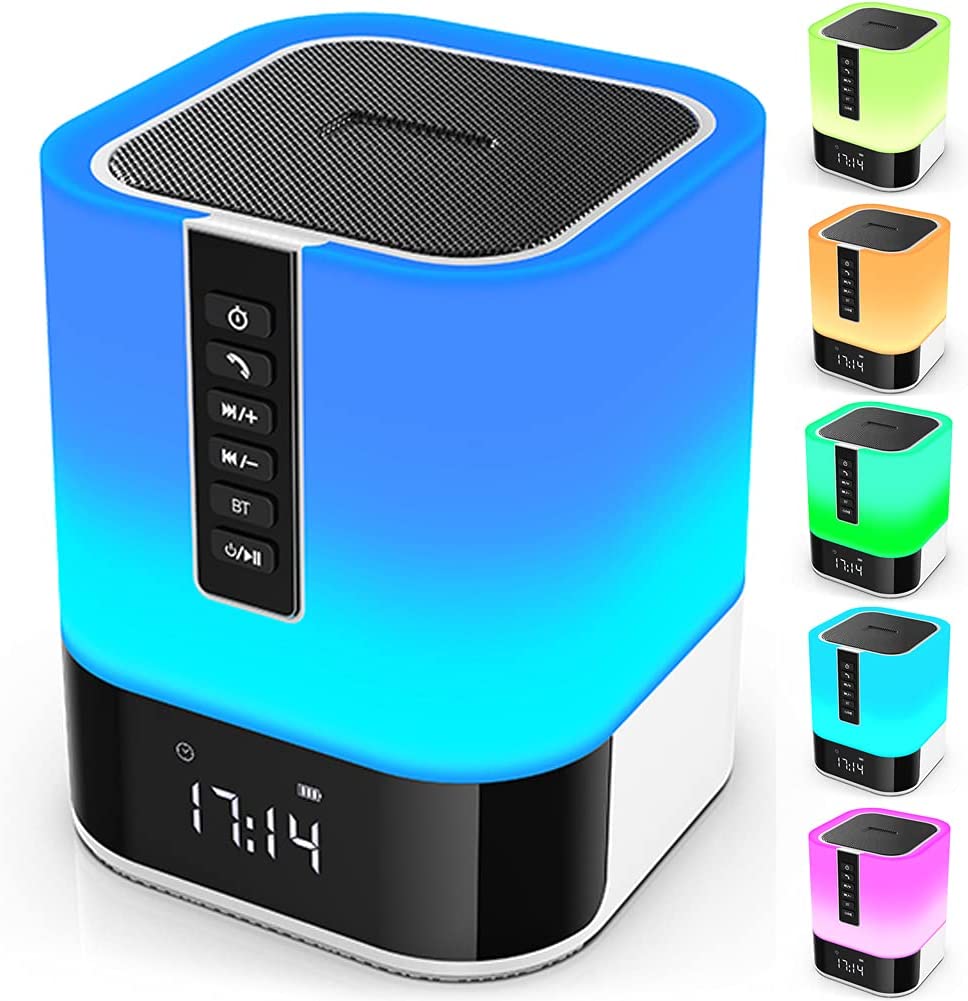 Night Light Bluetooth Speaker, 5 in 1 Touch Control Bedside Lamp Dimmable Multi-Color Changing w/ Alarm Clock