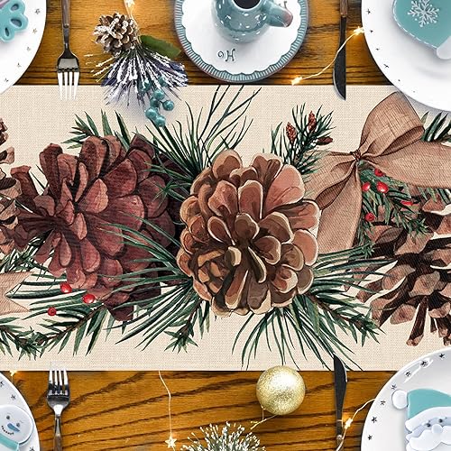 Winter Pine Cone Table Runner, Pine Needle Branch Red Berry Bow Farmhouse Kitchen Dining Table Decor,