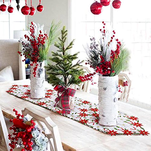 Poinsettia Christmas Embroidered Table Runners 15 x 69 Inch