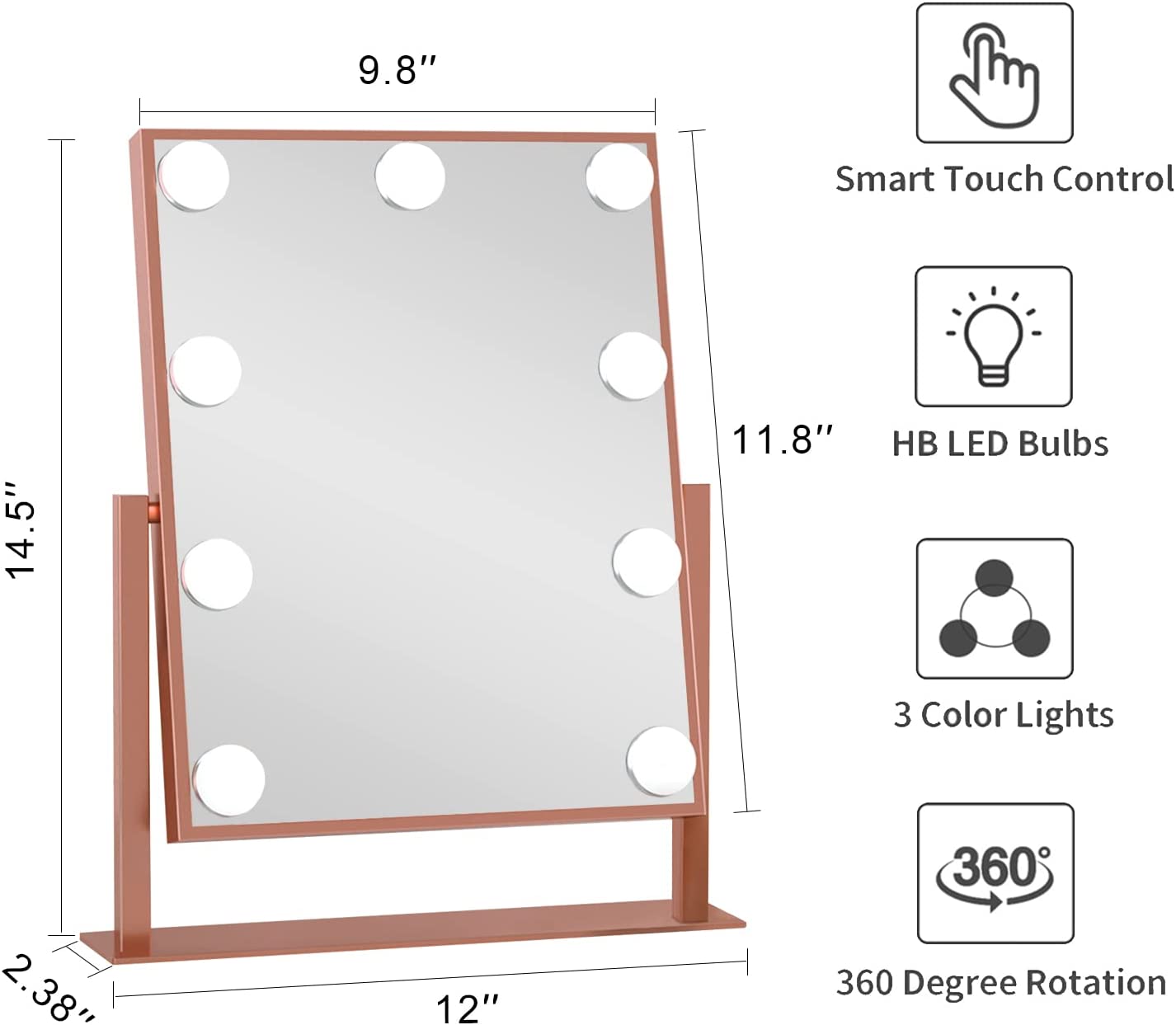 Rose Gold Large Lighted Makeup Mirror -Smart Touch Control