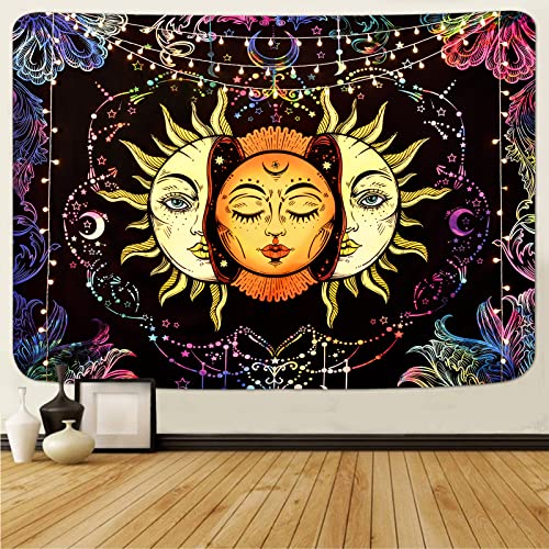 Psychedelic Sun and Moon Burning Sun Black Colorful Moon and Stars Tapestry ( 51.2 × 59.1 inches)