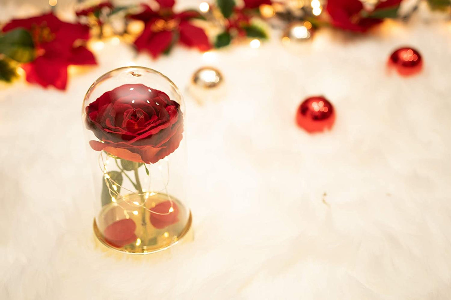 Glass Dome Red Rose Gift for Women - Pre-Lit Red Velvet Rose in Glass Dome