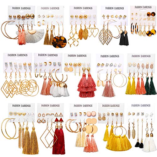 93 Pairs Colorful Earrings w/ Tassel Layered Ball Dangle Hoop