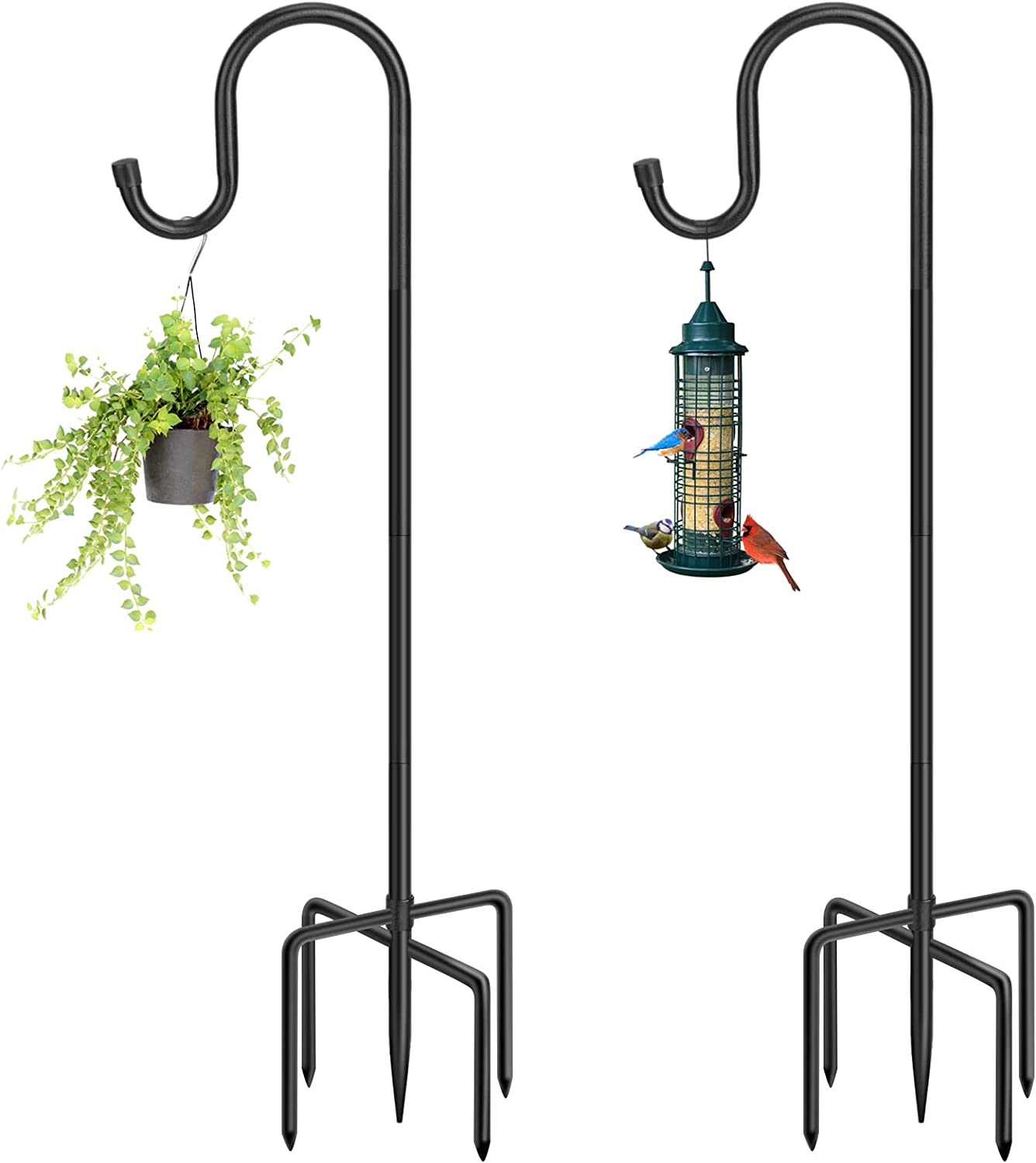 60" Shephards Hook for Outdoor, Heavy Duty Bird Feeder Pole with 5 Base Prongs, Adjustable Hook for Hanging, 2 Pack