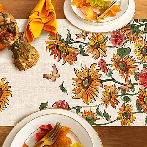 Fall Sunflower Table Runner, Autumn Floral Flower Butterfly Farmhouse Kitchen Dining Table Decor,