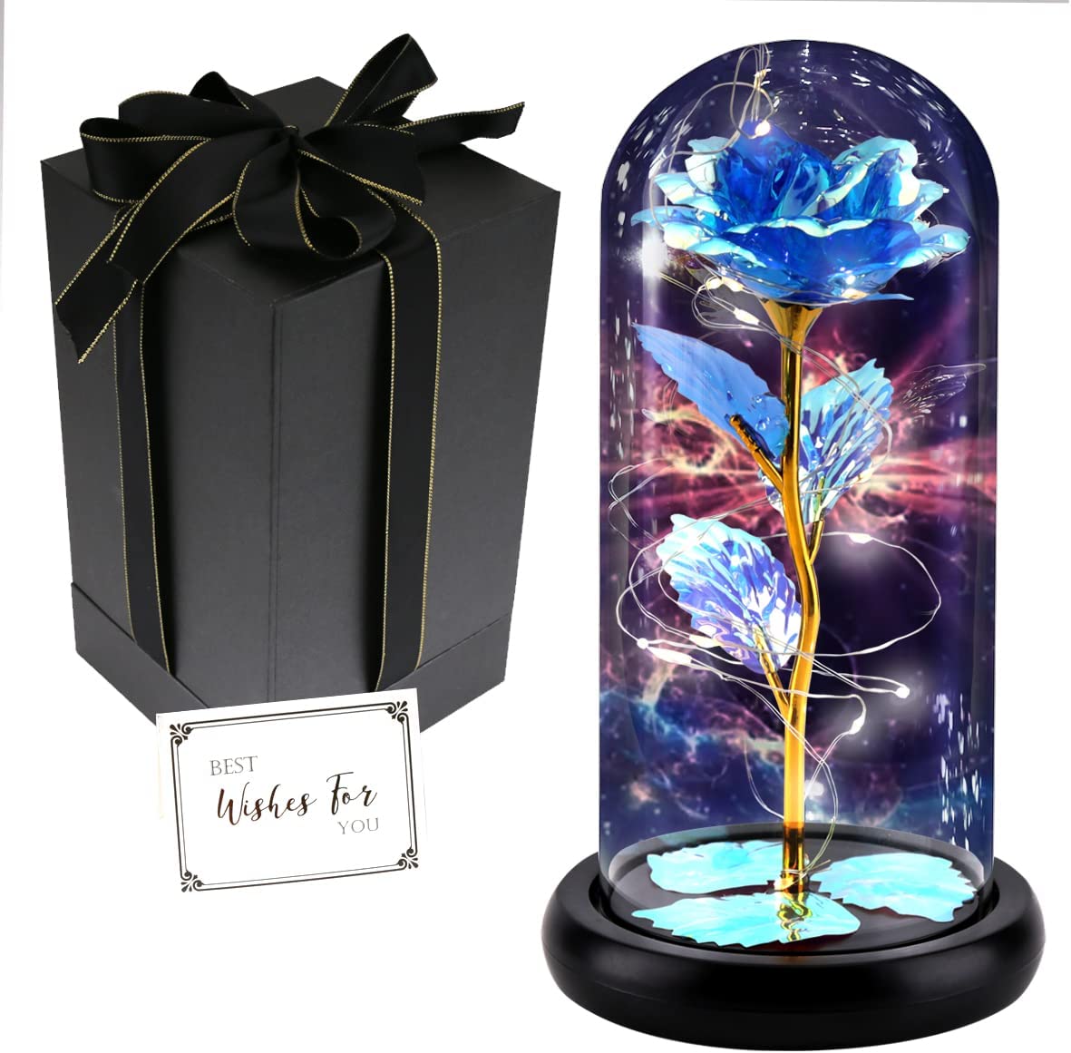 Valentines Rose Flower Gifts, Beauty & The Beast Rose, Galaxy Rose in A Glass Dome w/ LED Light, Blue