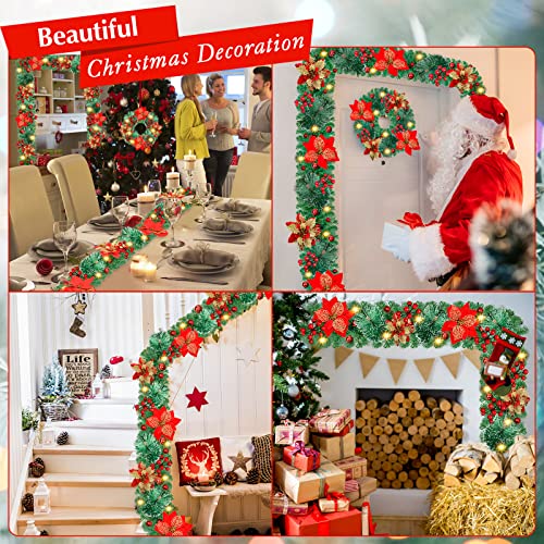 Artificial Christmas Garland, Green Rattan with Red Flower Decorations and Battery Operated LED Lights