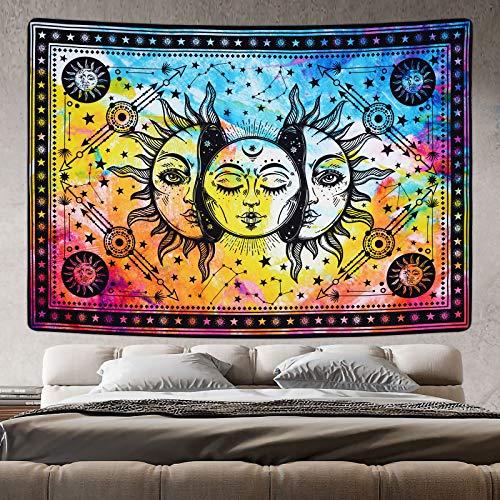 Psychedelic Burning Sun and Moon Colorful Starry Mystic Tapestry