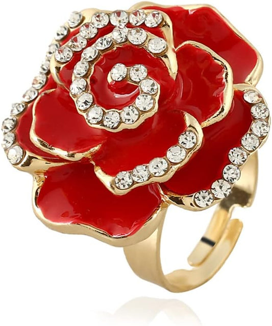 Rose Flower Promise Ring for Women Girls Statement Diamond Crystal 3D Enamel Flowers Adjustable Open Wrap Finger Rings