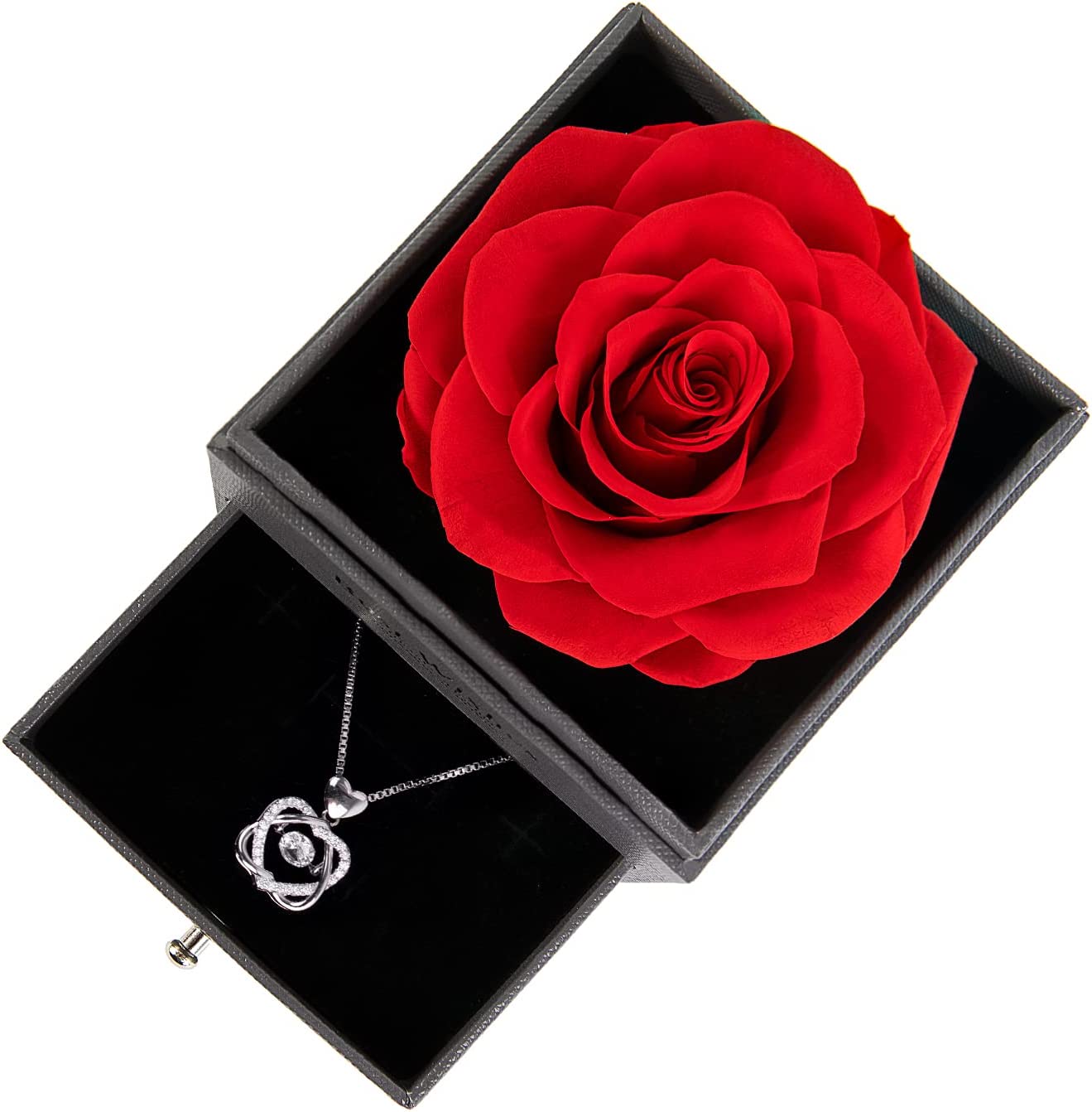 Preserved Real Rose w/ Dancing Heart Necklace. Birthday Gifts for Mom Girlfriend (Red)