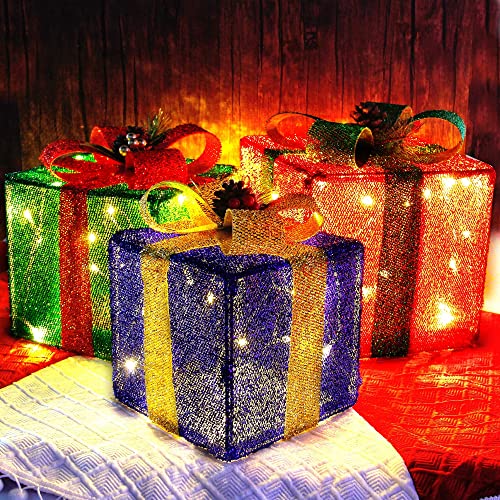 Twinkle Star Set of 3 Christmas Lighted Pop Up Gift Boxes Decorations, Tinsel Present Box, Pre-lit 60 LED Light