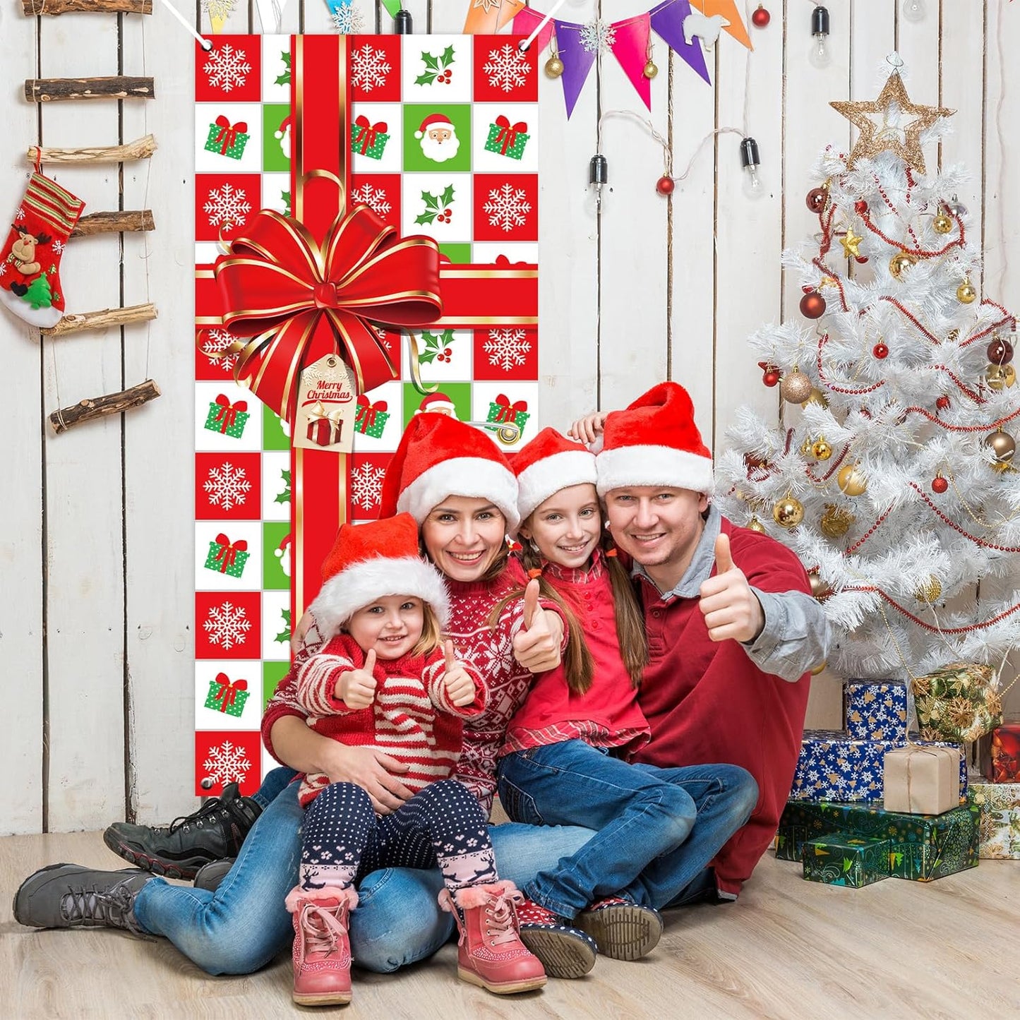 Christmas Door Cover Merry Christmas Photography Backdrop Christmas Bowknot Gift Box Door Hanging Banner Sign Happy Holiday Decoration for Home Wall