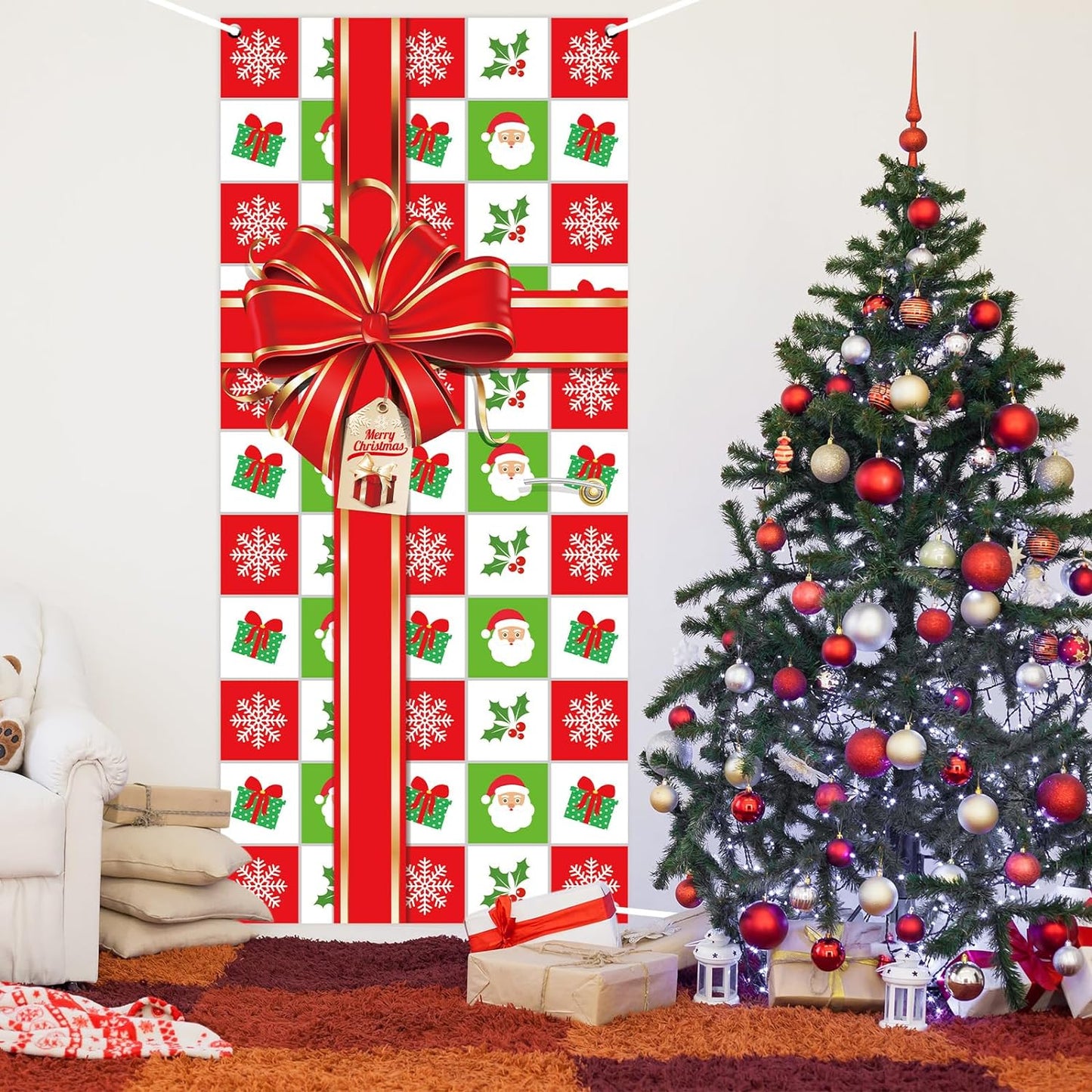Christmas Door Cover Merry Christmas Photography Backdrop Christmas Bowknot Gift Box Door Hanging Banner Sign Happy Holiday Decoration for Home Wall